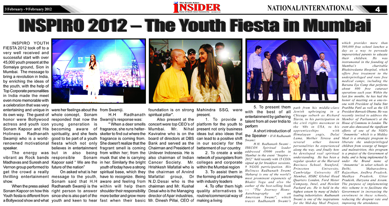 Radhanath Swami with Sonam Kapoor at Inspiro Youth Festival ( The South Asian Insider New York )