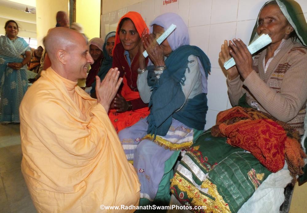 Radhanath Swami with Patient in Barsana Eye Camp