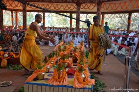 Devotees preparing for fire sacrifice